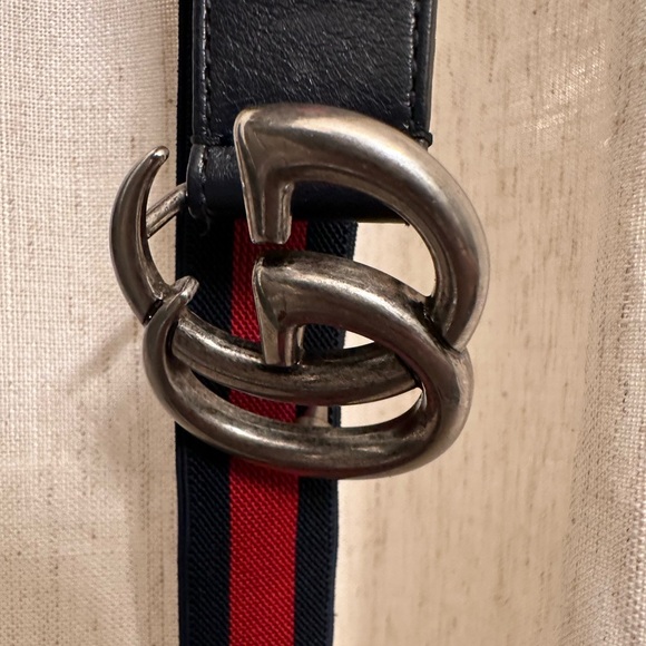 Authentic GUCCI Marmont Blue/Red GG Web Stripe Elastic Kids Navy Leather Belt M - Picture 9 of 9
